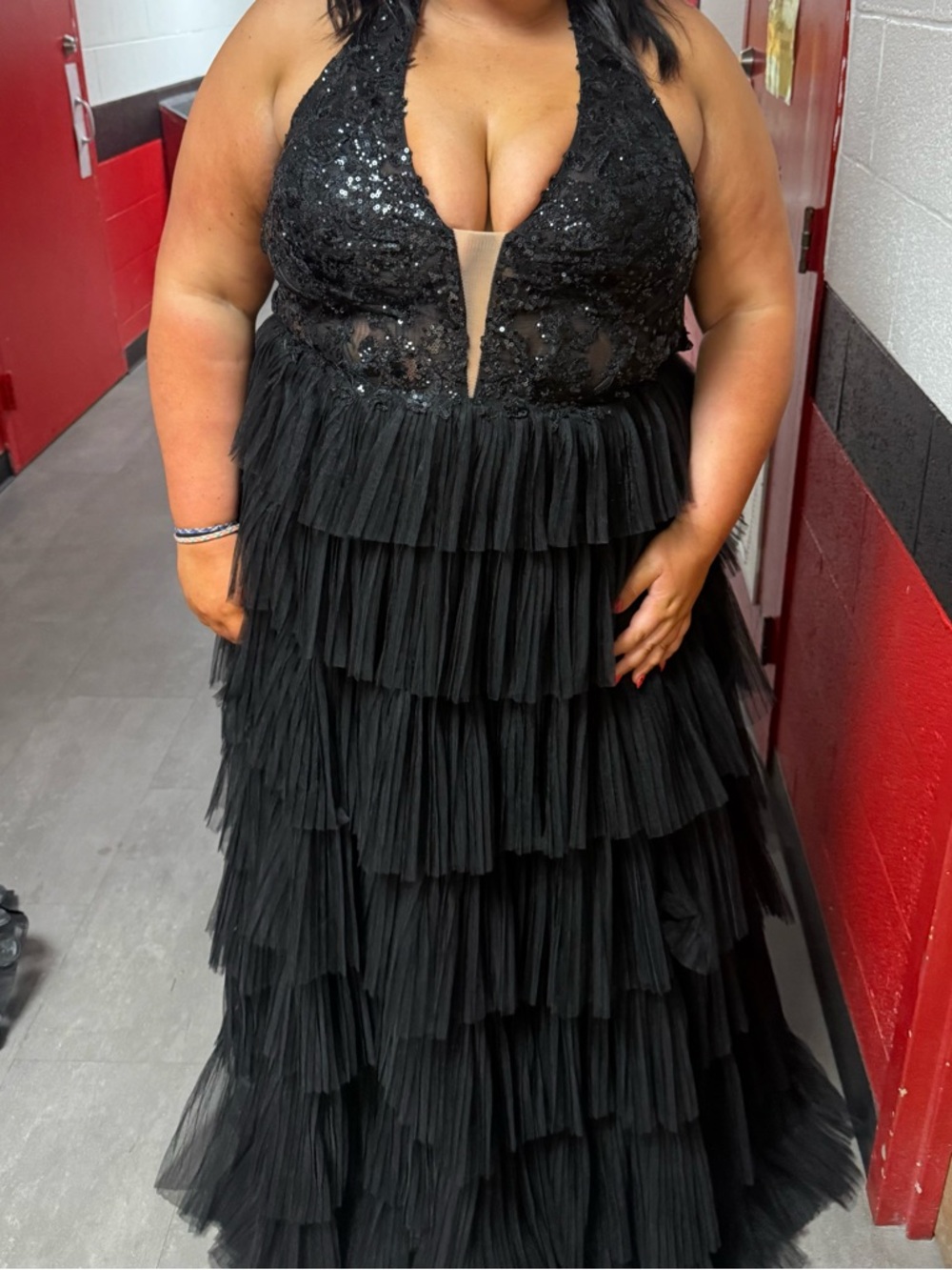 Plus-Size Black Sequin Halter Tiered Tulle Prom Gown